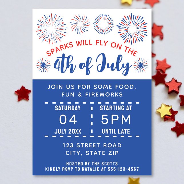 4th Of July Fireworks Party Celebration Invitation (Invitation on confetti stars background. )