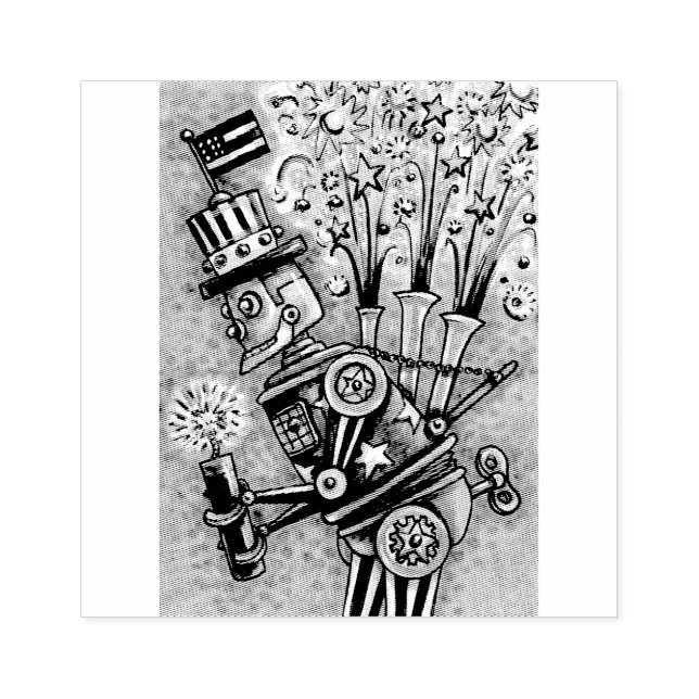 4TH OF JULY FIREWORKS ROBOT, HOLIDAY RUBBER STAMP (Imprint)