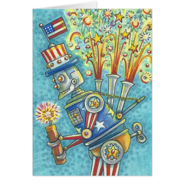 4TH OF JULY FIREWORKS ROBOT NOTE CARD Blank (Front)