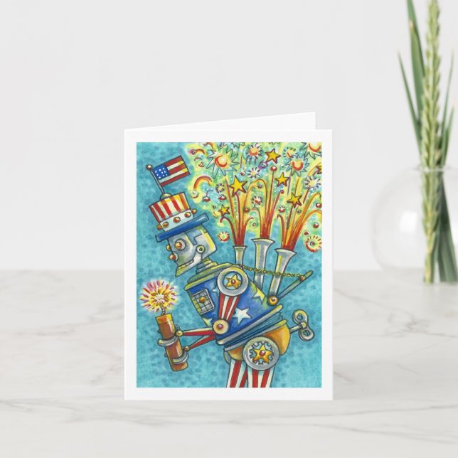 4TH OF JULY FIREWORKS ROBOT, STEAMPUNK HUMOR Blank Card (Front)