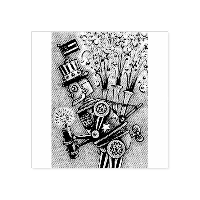 4TH OF JULY FIREWORKS ROBOT STEAMPUNK RUBBER STAMP (Imprint)
