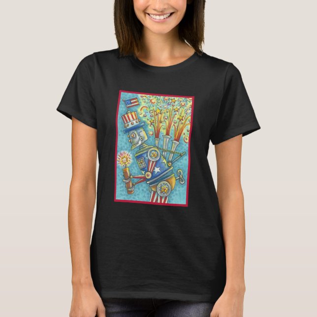 4TH OF JULY FIREWORKS ROBOT, STEAMPUNK T-SHIRT Blk (Front)