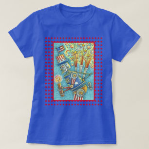 4TH OF JULY FIREWORKS ROBOT, STEAMPUNK T-SHIRT Blu