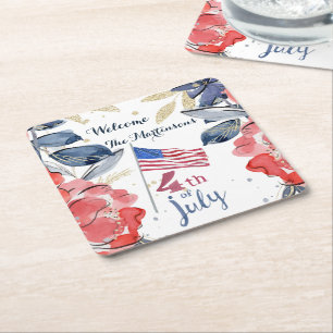 4th of July Flag Personalised Stylish Square Paper Coaster