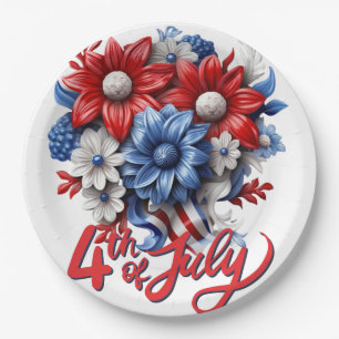 4th of July Flowers in Red White & Blue Patriotic Paper Plate
