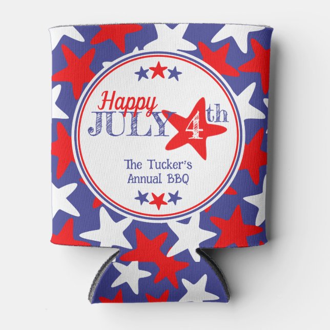 4th of July Fourth Stars Red White Blue Patriotic Can Cooler (Front)