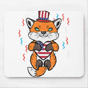 4th Of July Fox American Flag Heart Patriotic Kids Mouse Pad