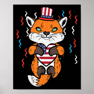 4th Of July Fox American Flag Heart Patriotic Kids Poster