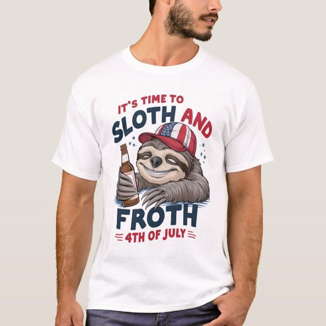4TH OF JULY FUNNY SLOTH CELEBRATING T-Shirt (Front)