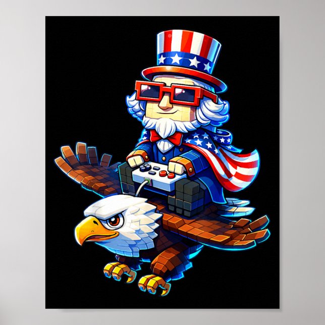 4th of July Gamer Patriotic Uncle Sam Retro Pixel Poster (Front)