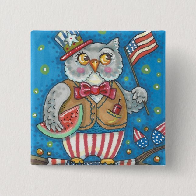 4TH OF JULY HOOT OWL, BIRD BUTTON Square (Front)