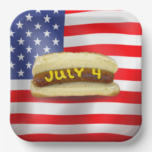 4th Of July Hot Dog On American Flag Paper Plate
