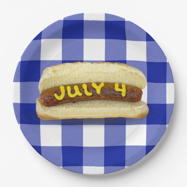 4th Of July Hot Dog on Buffalo Plaid Paper Plate (Front)