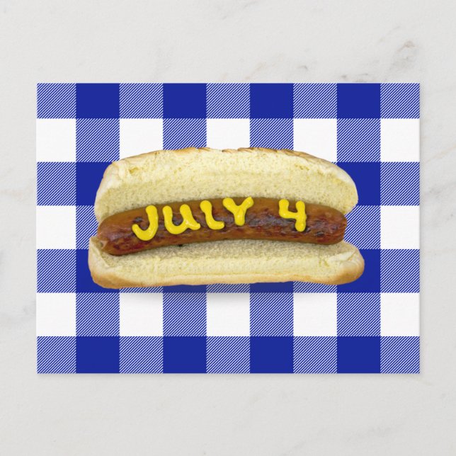 4th Of July Hot Dog on Buffalo Plaid  Postcard (Front)
