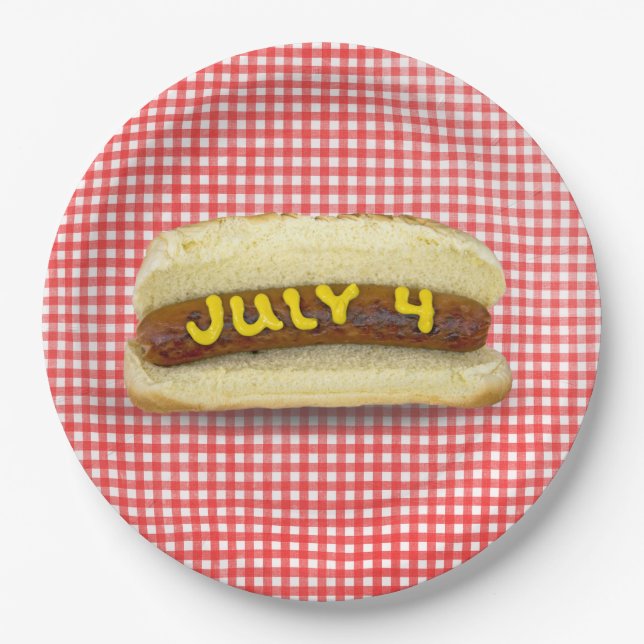 4th Of July Hot Dog on Gingham Paper Plate (Front)