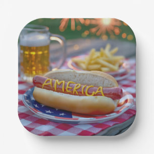 4th of July Hot Dog With Beer and Fries Paper Plate