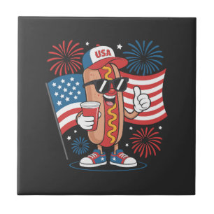 4th Of July Hotdog American Flag Patriotic Firewor Tile