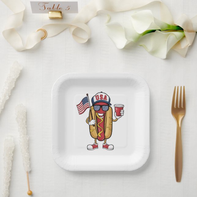 4th of July Hotdog Funny Patriotic USA Flag Paper Plate (Wedding)