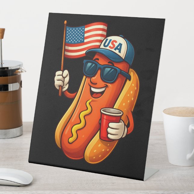 4th of July Hotdog Funny Patriotic USA Flag Pedestal Sign (In SItu)