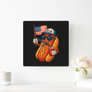 4th of July Hotdog Funny Patriotic USA Flag Square Wall Clock