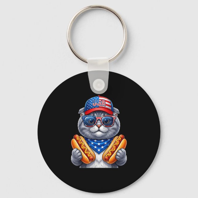 4th of july hotdog scottish fold cat funny key ring (Front)