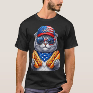 4th of july hotdog scottish fold cat funny T-Shirt