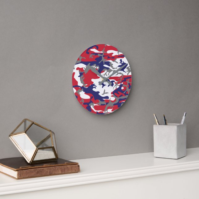 4th of July, Independence day, Camouflage Grey Round Clock (Office)