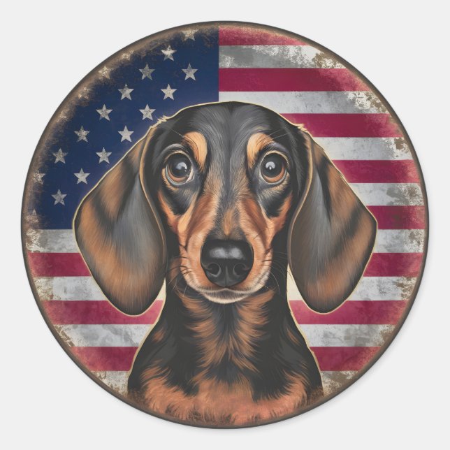 4th of July Independence Day Dachshund Circle Classic Round Sticker (Front)