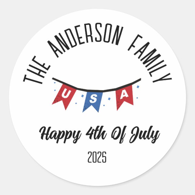 4th of July Independence Day Personalised Name Classic Round Sticker (Front)