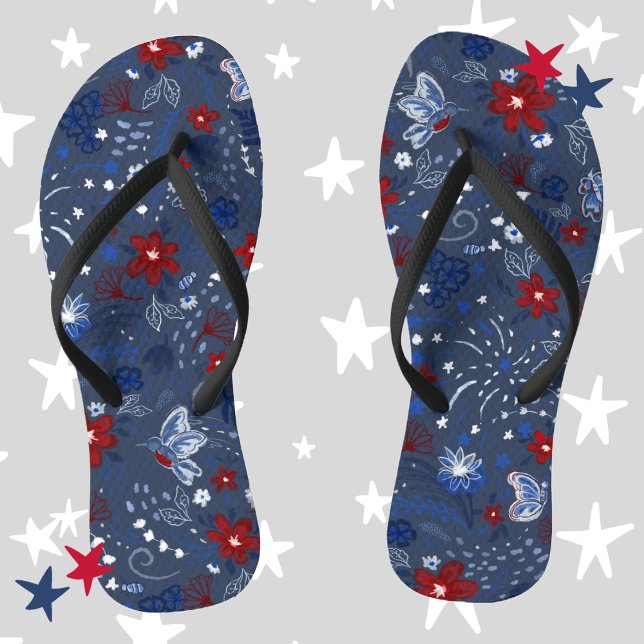 4th of July, Independence Patriotic Red White Blue Jandals (4th of July, Independence Day, Red White and Blue, Floral, Flowers, Hummingbirds, Butterflies, Bees)