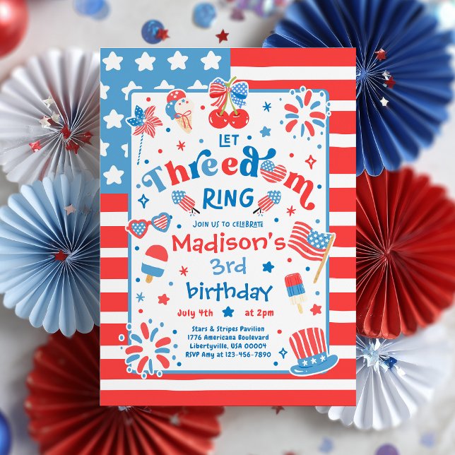 4th Of July Let Threedom Ring 3rd Birthday Party Invitation (Creator Uploaded)
