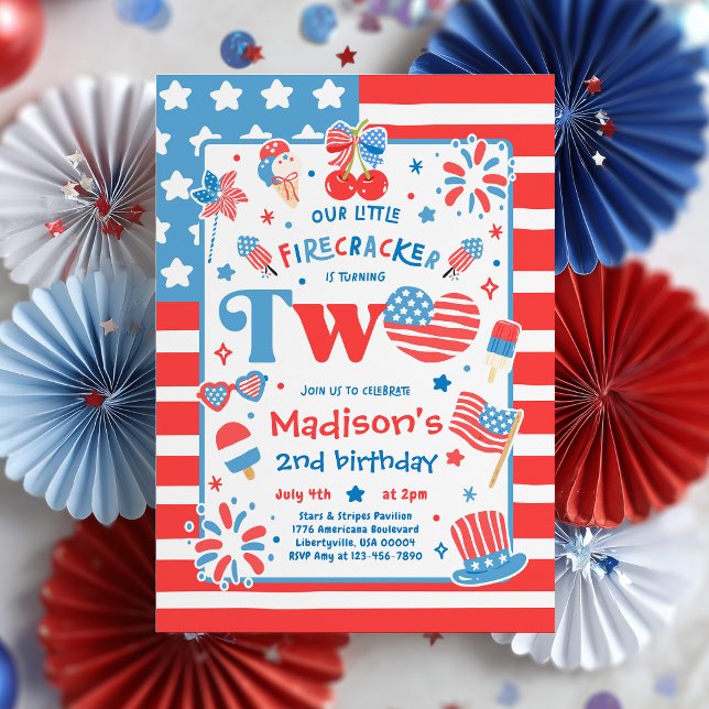 4th Of July Little Firecracker 2nd Birthday Party Invitation (Creator Uploaded)