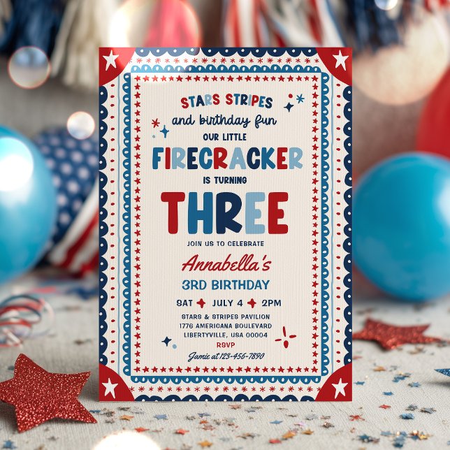 4th Of July Little Firecracker 3rd Birthday Party Invitation (Creator Uploaded)