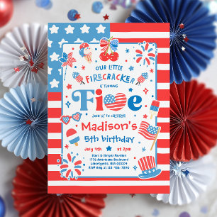 4th Of July Little Firecracker 5th Birthday Party Invitation
