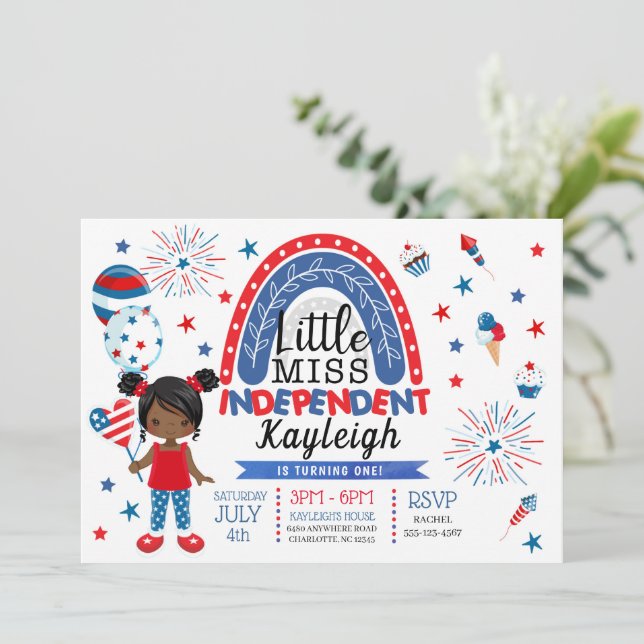 4th of July Little Miss Independent Birthday  Invitation (Standing Front)
