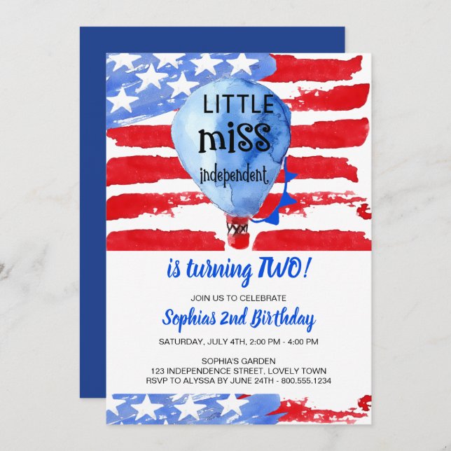 4th of July Little Miss Independent Birthday Invitation (Front/Back)
