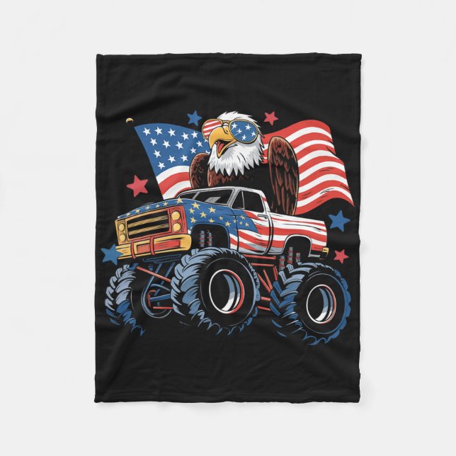 4th Of July Monster Truck Bald Eagle American Flag Fleece Blanket (Front)