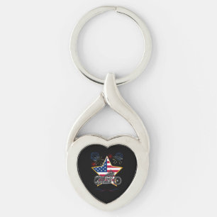 4Th of July Motorcycle Star USA Flag Fireworks Key Ring