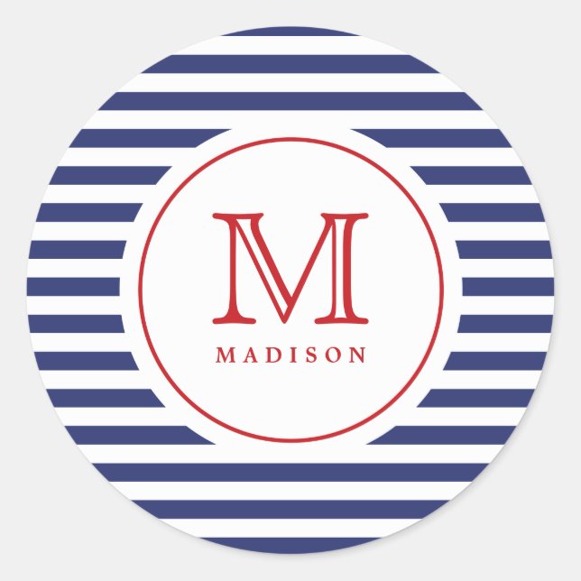 4th Of July Navy Stripes Monogram Party Sticker (Front)