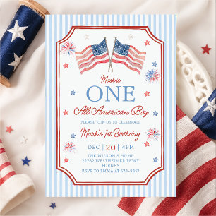 4th of July One All American Boy Birthday Invitation