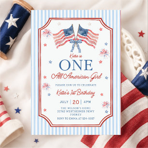 4th of July One All American Girl Birthday Invitation