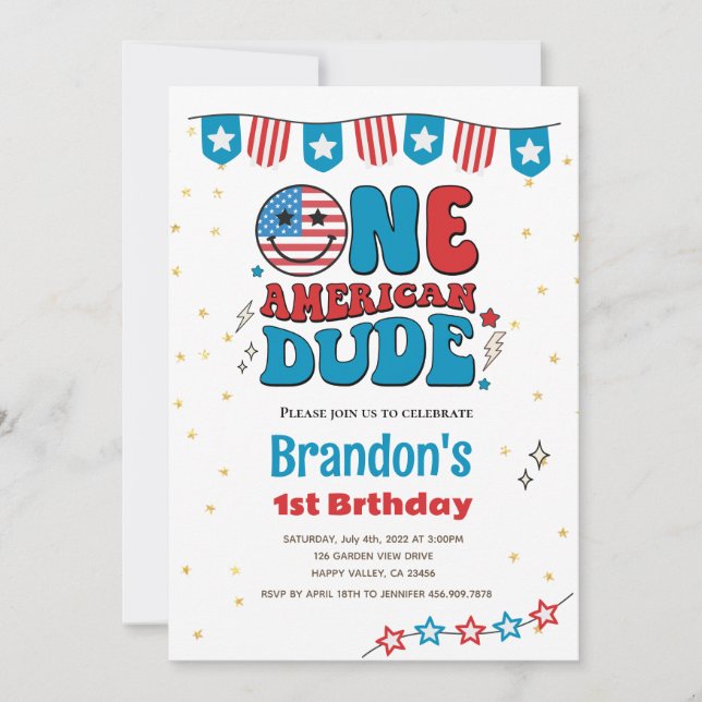 4th of July One American Dude Boy 1st Birthday Invitation (Front)