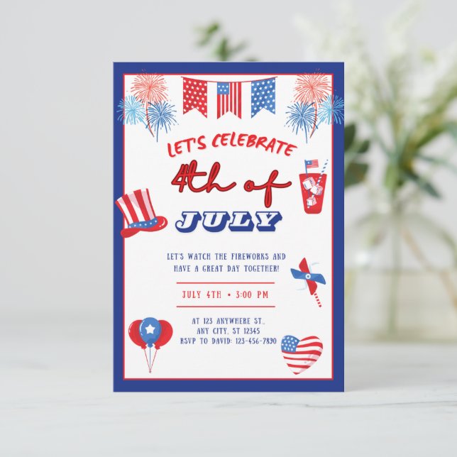 4th of July Party Invitation Fireworks Patriotic   (Standing Front)