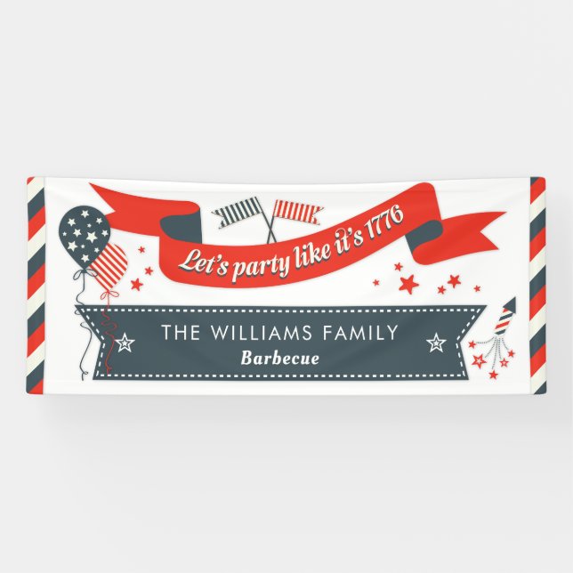 4th of July Party Red White and Blue Stars Stripes Banner (Horizontal)