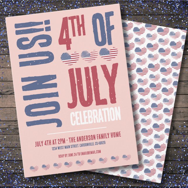 4th Of July Party Red White Blue Patriotic Invitation (Cute USA American Flag Heart 4th Of July Party Invitation)