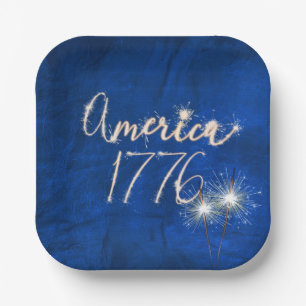 4th of July Party Sparkler Blue Leather Paper Plate