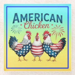 4th of July Patriotic American Chicken Design Glass Coaster