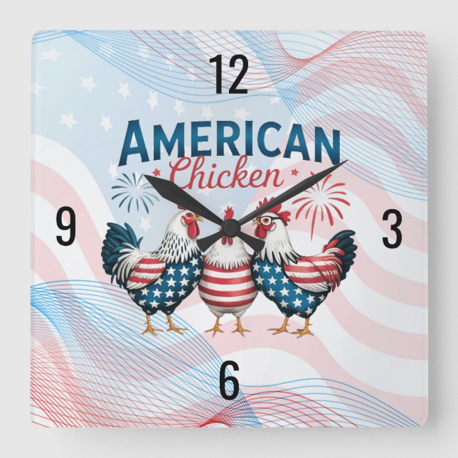 4th of July Patriotic American Chicken Design Square Wall Clock (Front)