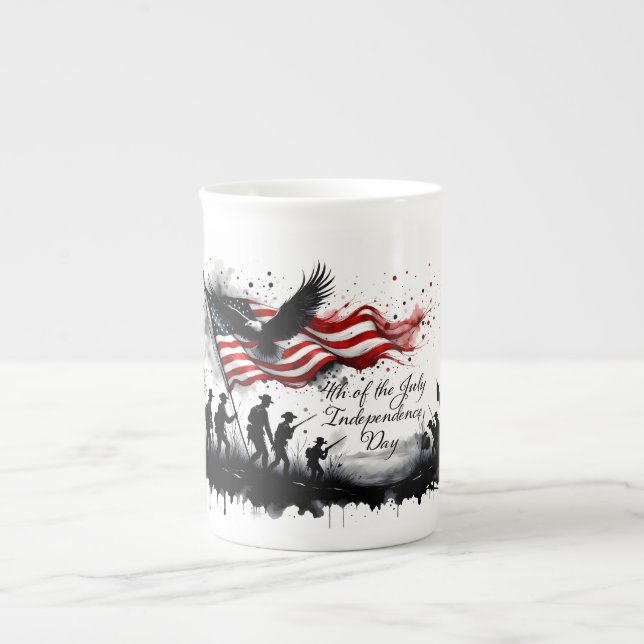 4th of July Patriotic Art with Flag & Soldiers Bone China Mug (Front)