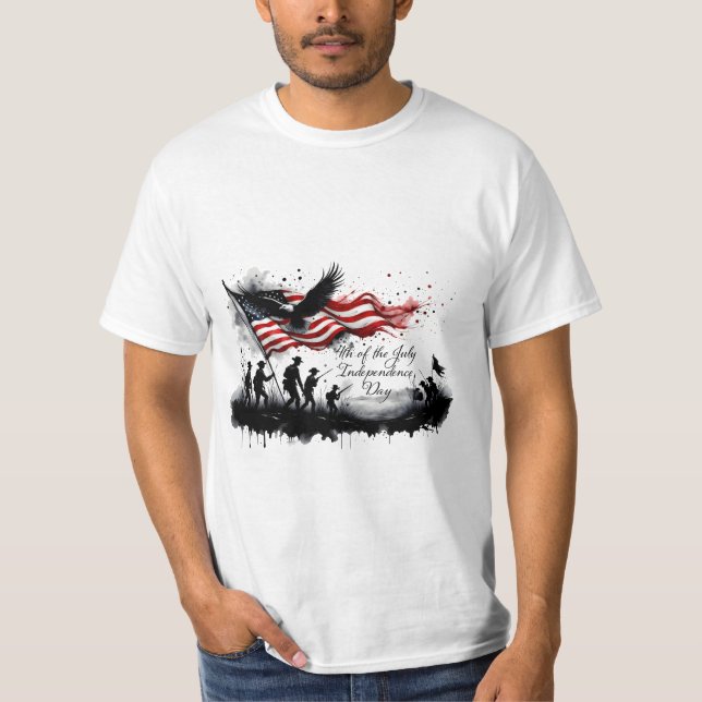 4th of July Patriotic Art with Flag & Soldiers T-Shirt (Front)